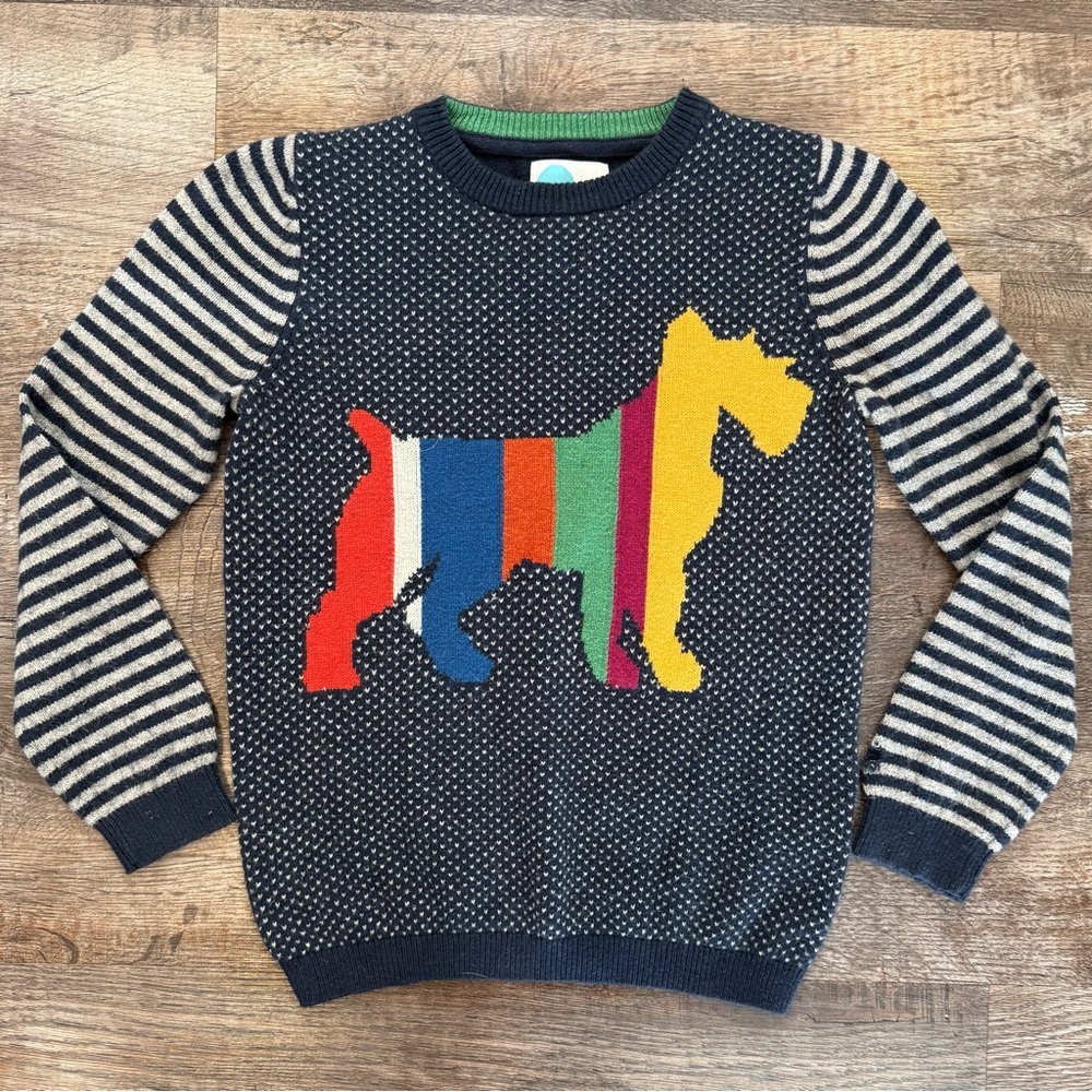 Mini Boden Navy Blue Sweater Colorful Striped Dog Big Kid 9-10 Year 140 CM -Flaw
